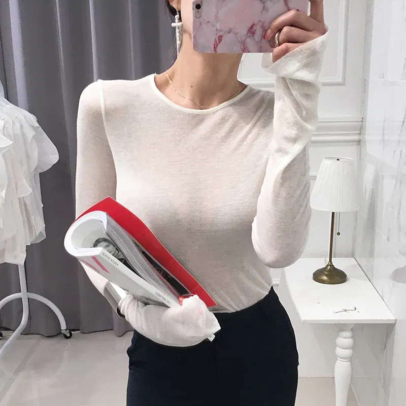 Color: Pink, Size: One Size - Shintimes Sexy Shirt Women T-Shirt Long Sleeve Korean Style Slim Basic Elasticity Tshirt Top Womens Clothing T Shirt Femme