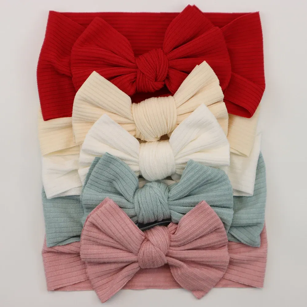 Color: light yellow - 5pcs/Lot Cable Knit Bow Baby Headbands Elastic Nylon Baby Girl Headband For Children Turban Newborn Infant Kids Hair Accessories