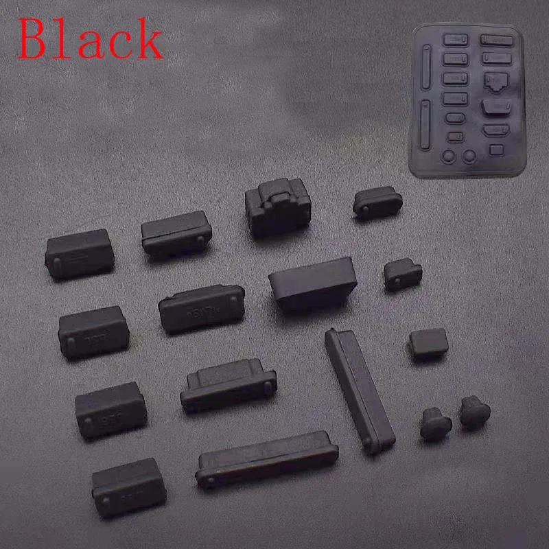 Color: black - 16pcs/set Colorful Silicone Anti Dust Plug Cover Stopper Dust Plug Laptop Dustproof USB Port RJ45 Interface waterproofCover