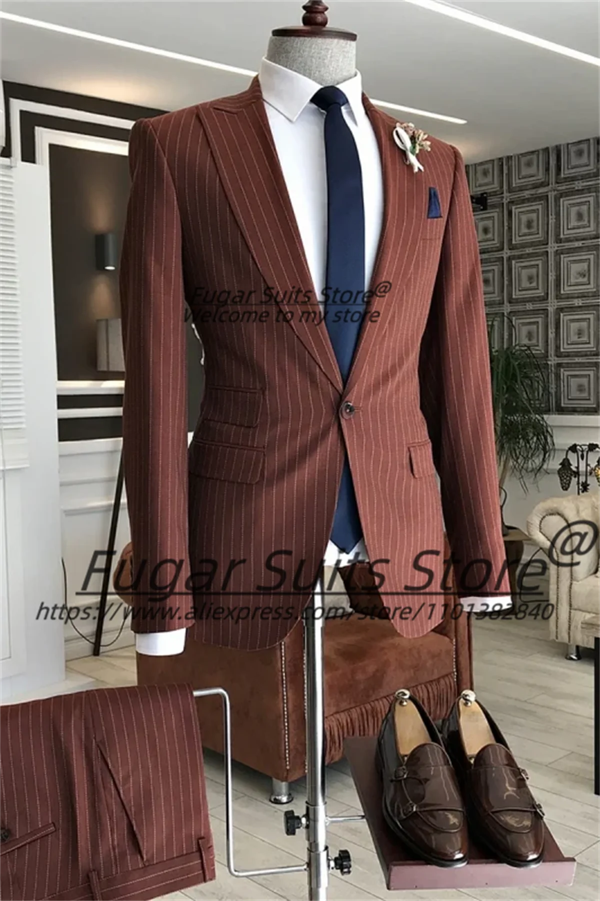 Color: Burgundy, Size: S - Wine Red Stripe Wedding Suits For Men Slim Fit Peak Lapel Groom Party Tuxedos 2 Pieces Sets Business Male Blazers Costume Homme