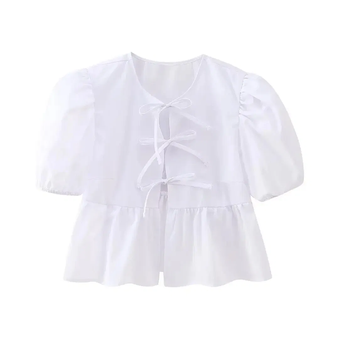 Color: WHITE, Size: XS?€old?‰ - TRAFZA Fashion Solid Hollow Out Shirt Women Causal O Neck Short Sleeved Lace Up Tops Chic Female Casual Blouse Streetwear 2024