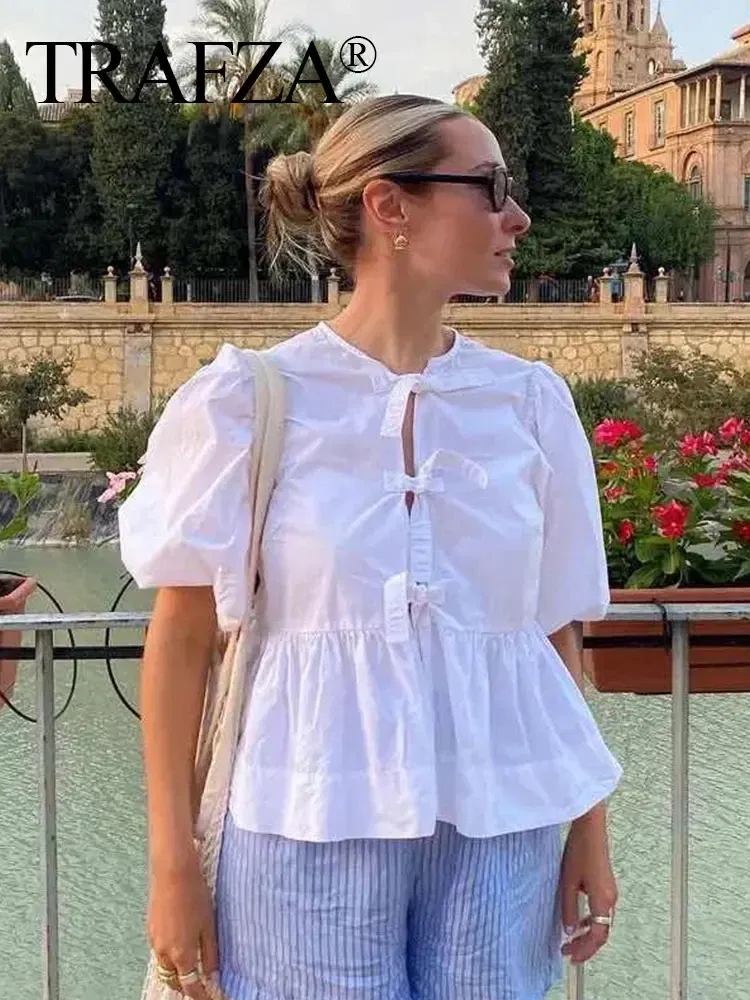 Color: WHITE, Size: XS?€old?‰ - TRAFZA Fashion Solid Hollow Out Shirt Women Causal O Neck Short Sleeved Lace Up Tops Chic Female Casual Blouse Streetwear 2024