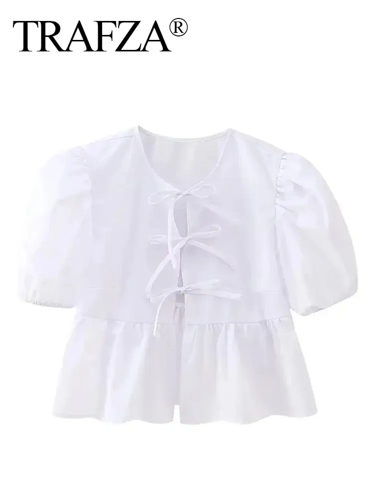 Color: WHITE, Size: XS?€old?‰ - TRAFZA Fashion Solid Hollow Out Shirt Women Causal O Neck Short Sleeved Lace Up Tops Chic Female Casual Blouse Streetwear 2024