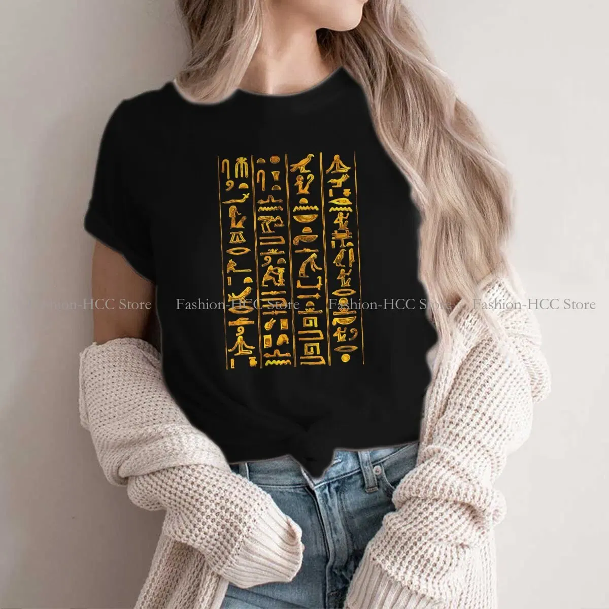 Color: black, Size: L - Ancient Egypt Culture Polyester TShirts Hieroglyphs Gold On Black Distinctive Women's T Shirt Funny Tops