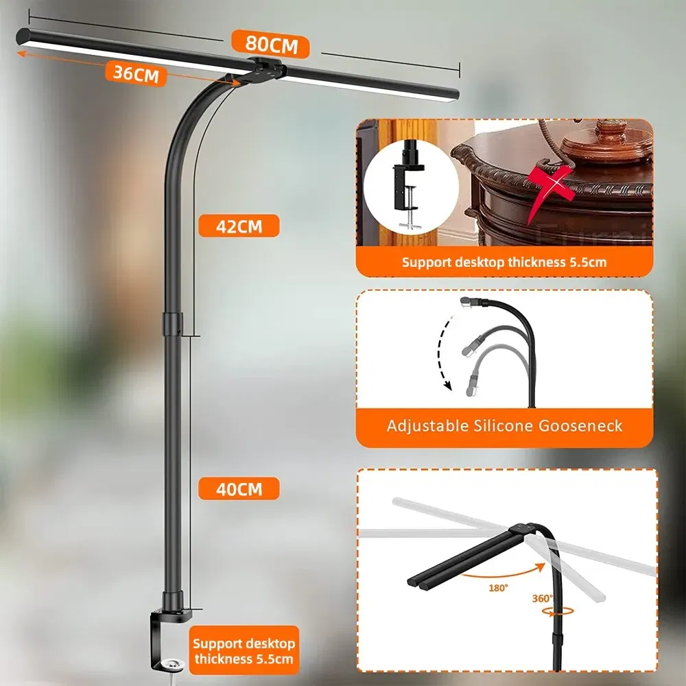 Body Color: Beige, Color: Yellow - Double Head LED Clip Remote Control Desk Lamp Architect Table Lamp for Home Office Lighting 5 Color Modes and 5 Dimmable