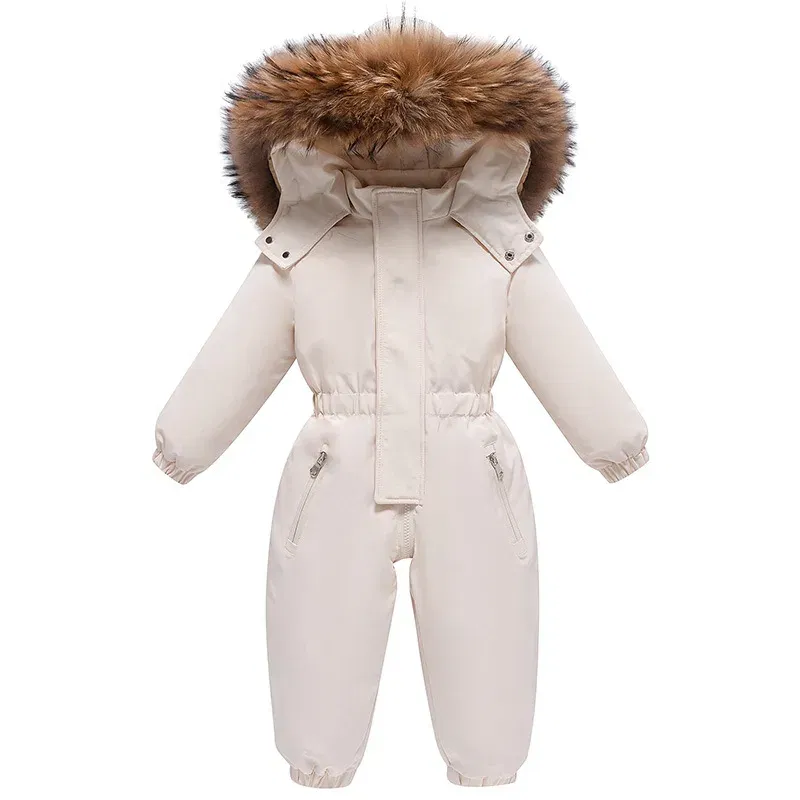 Color: Beige, Kid Size: 9M - 2024 New Cute Simple Children's One-piece Down Jacket 1-6 Years Old Outdoor Skiwear Jacket Crawling Suit Boys Girls Onesie