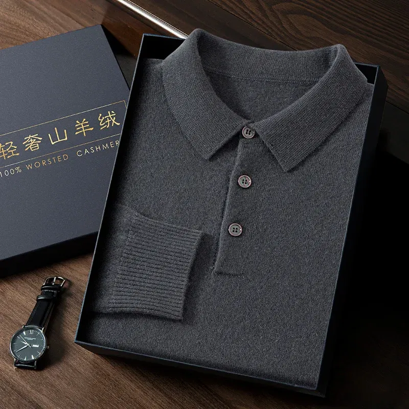 Color: Dark Grey, Size: L - High Quality Men's 100% Cashmere POLO Collar Pullover Soft Elastic Autumn Winter Business Casual Solid Color Knitted Sweater
