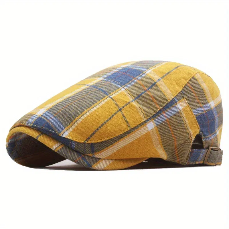 Color: Black - Men's Plaid Pattern Flat Cap Newsboy Hat Women Beret Cabbie Gatsby Cap