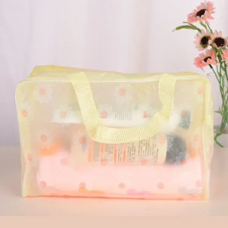 Color: Yellow - Floral PVC Transparent Cosmetic Bag Clear Makeup Bag for Women Girl Waterproof Zipper Beauty Case Travel Toiletry Bags Handbag