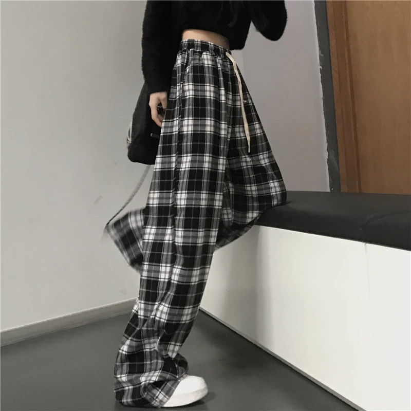 Color: black, Size: M - Oversize Women Sweatpants Fashion Black Plaid Casual Pants Baggy Elastic Waist Pockets Student Unisex Hip Hop Loose Trousers