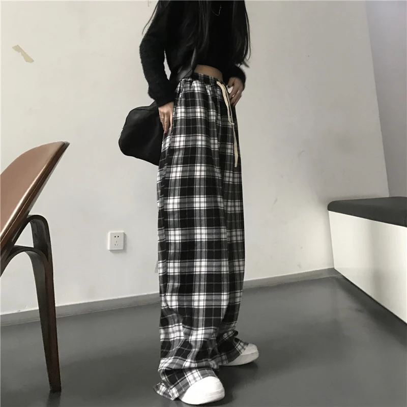 Color: black, Size: M - Oversize Women Sweatpants Fashion Black Plaid Casual Pants Baggy Elastic Waist Pockets Student Unisex Hip Hop Loose Trousers