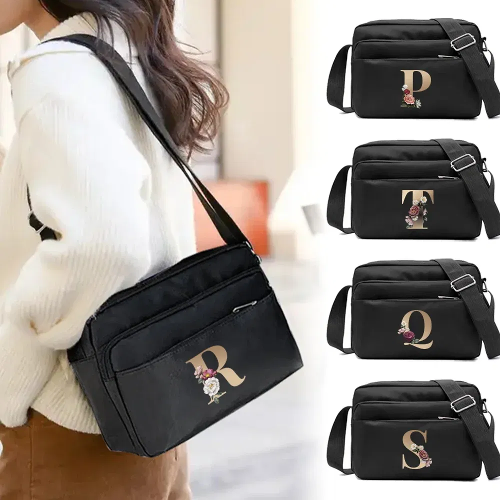 Color: Silver - New Fashion Multi-layer Travel Leisure Simple Storage Bag Black Gold Letter Series Printing Pattern One Shoulder Crossbody Bag