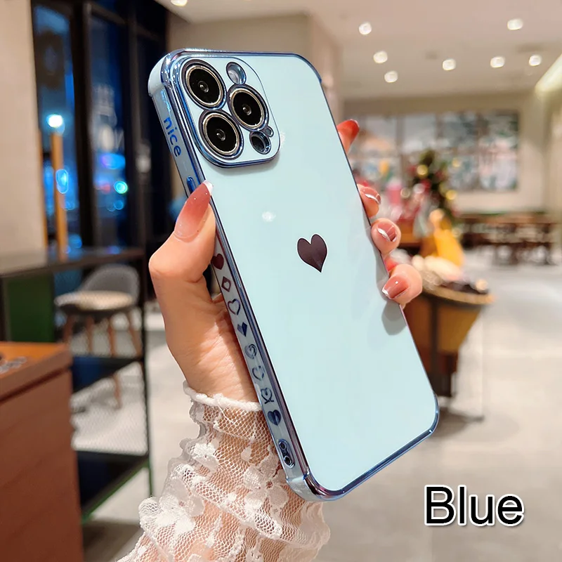 Color: Brown, Ships From: CN, Material: Acrylic - Electroplating Side Love Heart Phone Case For IPhone 16 15 14 13 12 11 Pro Max XR 8 Plus SE2/SE3 Shockproof Back Cover