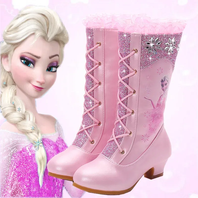 Color: Pink, Shoe Size: 7 - Disney Girls' Leather Boots Winter Frozen Boots Side Zipper High Plush Princess Elsa Boots Warm Children's Boots Size 27-37