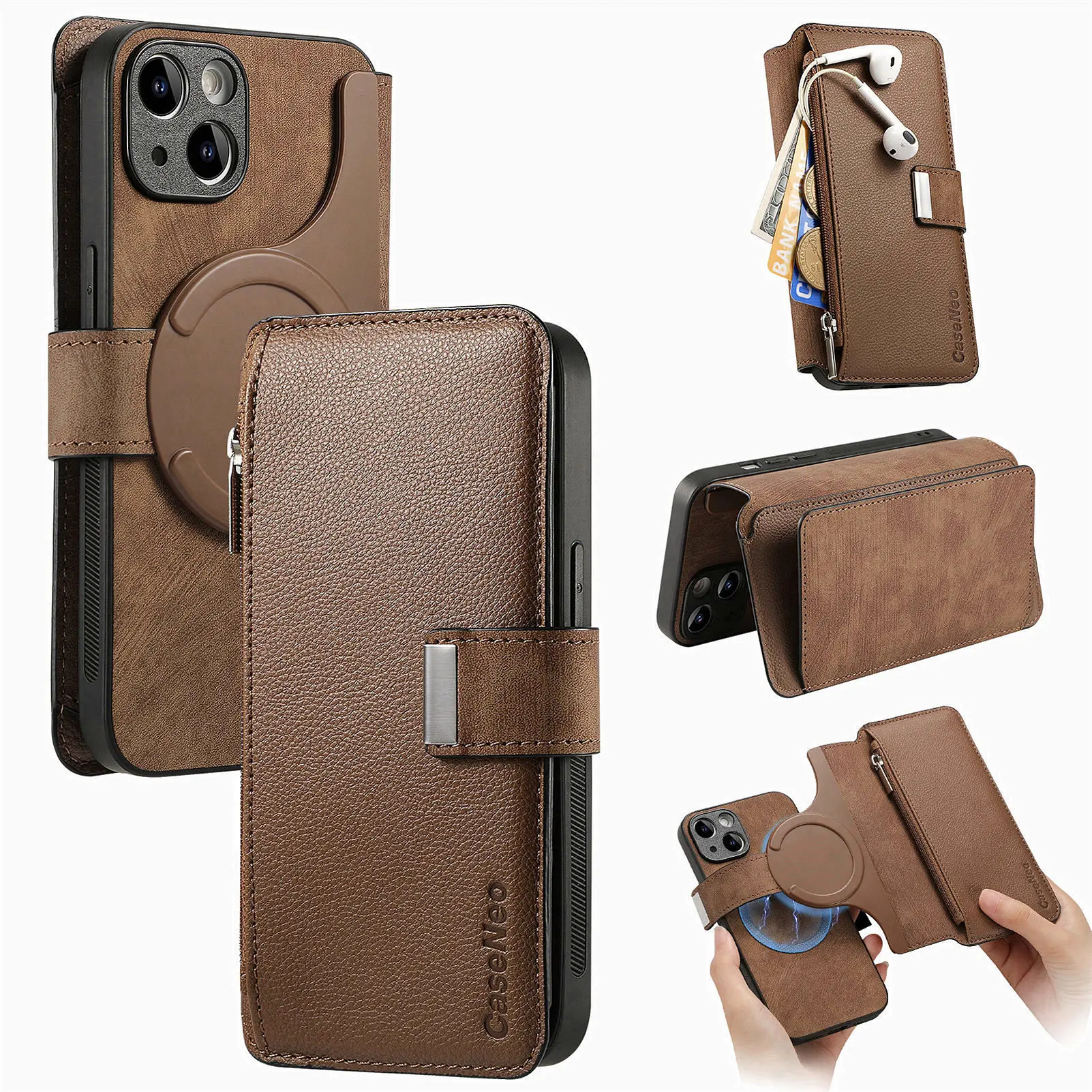 Color: BRIGHT PINK, Material: tpu - With Magsafe Wallet Case For Xiaomi Poco X6 X5 X3 M6 M5S M4 M3 F6 F5 Pro F3 C31 Zipper Leather Multi 6 Card Slot Removable Cover