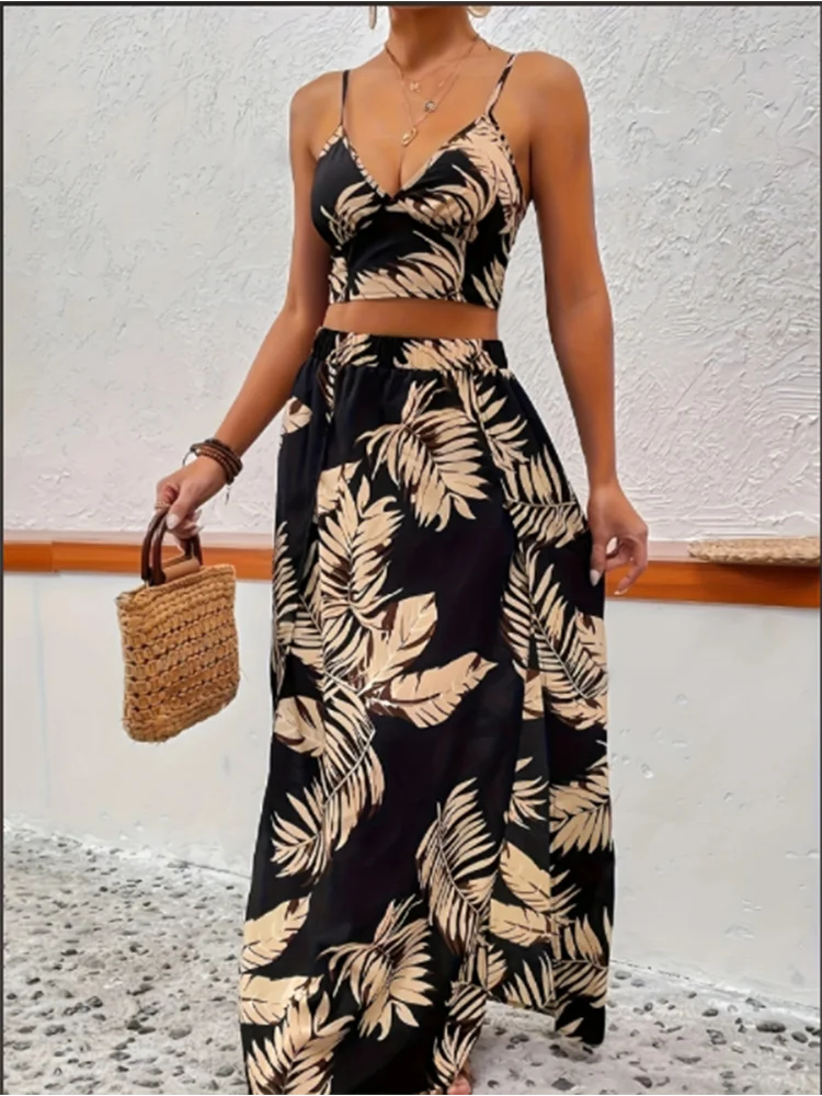 Color: black, Size: XXL - Elegant Deep V-neck Dress Women Summer Sleeveless Printed Vest Skirt Set Sexy High Slit Trend Dresses