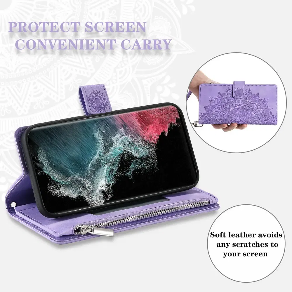 Color: MAROON, Material: POLYESTER - S 23 S24 Ultra 5G Leather Case for Samsung Galaxy S23 Ultra Flip Cover Zipper CrossBody Book Funda S 24 Plus S23 FE Wallet Etui