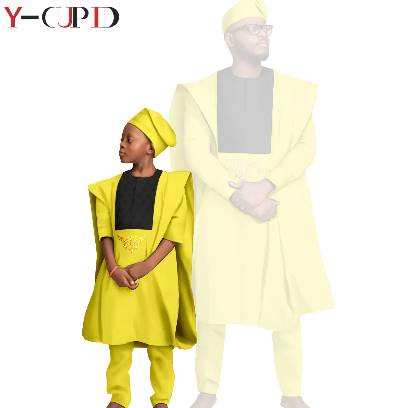 Color: SKY BLUE, Size: Mother 5XL - African Clothes for Men Top Pants Robes Hat Sets Match Kid Boy Sets Dashiki Father and Son Bazin Riche Family Outfits Y20F001