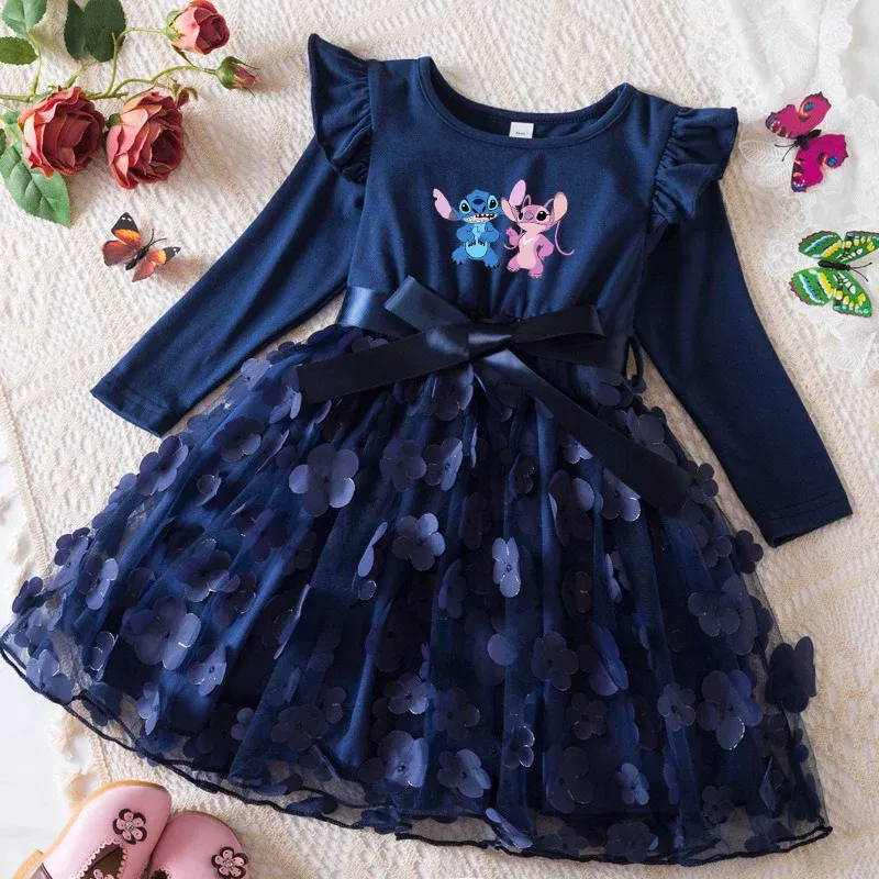 Color: Light Purple, Size: One Size, Height: 158 - Lilo Stitch Girl Baby Dresses Spring Autumn Child Long Sleeve Sweet Princess Dress Mesh Newborn Casual Dress Birthday Party 2-6Y