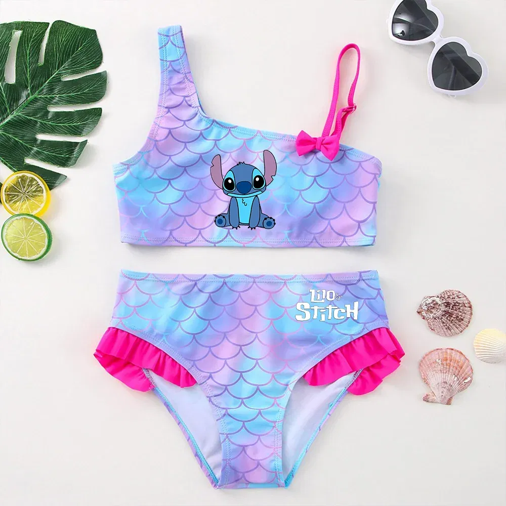 Color: Lavender, Size: S - Lilo Stitch Girls Swimsuit One-Piece Bathing Suits Kids Wear Fashion Mermaid Fish Children's Dresses Summer Swimwear Beach Suit