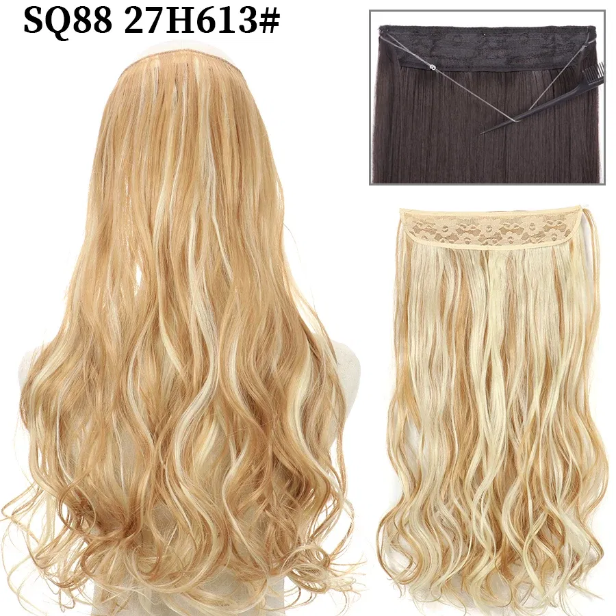 Color: P12/613, Stretched Length: 32inches, Ships From: CHINA - Synthetic Natural Wavy No Clip Fish Line Invisible Hair Extensions Mixed Color Blonde Black Artificial False Hair Piece ForWomen