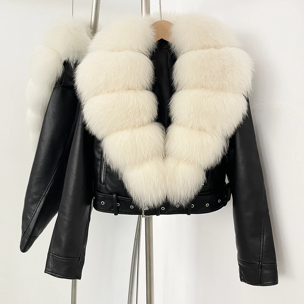Color: green, Size: M - Fake Leather Coat New Natural Fox Fur Autumn Short Faux Leather Jacket Female Spring PU Women Long Sleeve Real Fur Coat Thin