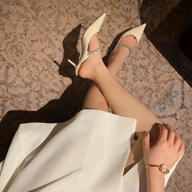 Color: Blue, Shoe Size: 34, Ships From: CHINA - Elegant Leather Mules Pointed Toe Stylish Rhinestone Embellished High Heel Sandals Sophisticated Party Evening Shoes Footwear