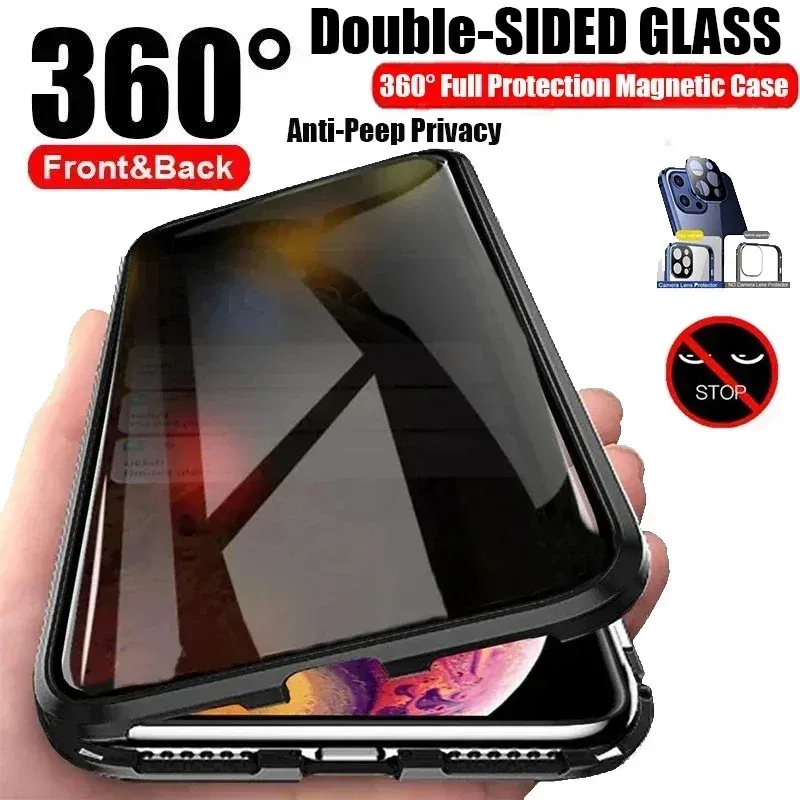 Color: Blue, Material: Vinyl - Double-Sided Privacy Magnetic Case For iPhone 16 12 13 14 15 11 Pro Max 14 Plus 16 Plus Anti Peeping Full Cover Metal Frame Case