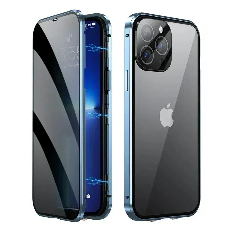 Color: Blue, Material: Vinyl - Double-Sided Privacy Magnetic Case For iPhone 16 12 13 14 15 11 Pro Max 14 Plus 16 Plus Anti Peeping Full Cover Metal Frame Case