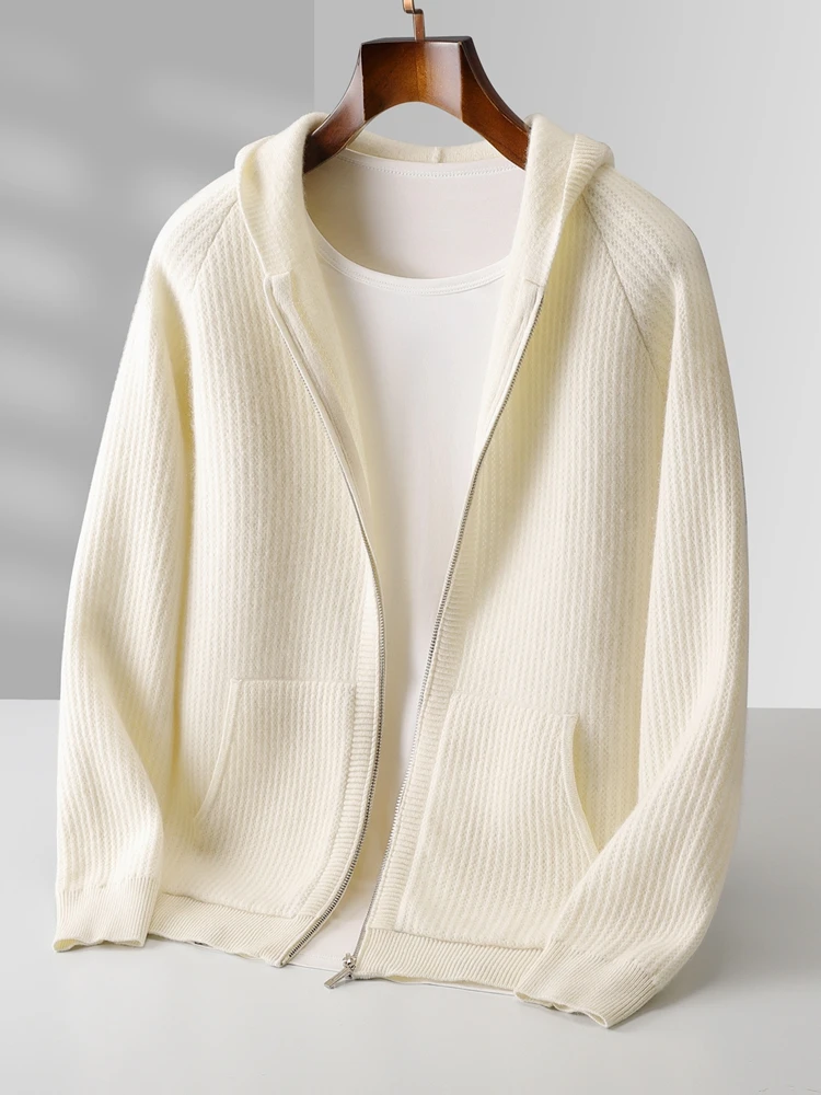 Color: WHITE, Size: XL - Daily Clothes Autumn Winter Sweater Men's Coat 100% Merino Wool Sweater Cardigan Knitted Jacket Thicked Hooded Outerwears Trend