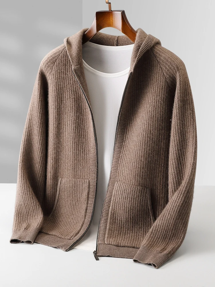 Color: WHITE, Size: XL - Daily Clothes Autumn Winter Sweater Men's Coat 100% Merino Wool Sweater Cardigan Knitted Jacket Thicked Hooded Outerwears Trend