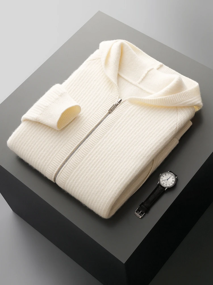 Color: WHITE, Size: XL - Daily Clothes Autumn Winter Sweater Men's Coat 100% Merino Wool Sweater Cardigan Knitted Jacket Thicked Hooded Outerwears Trend