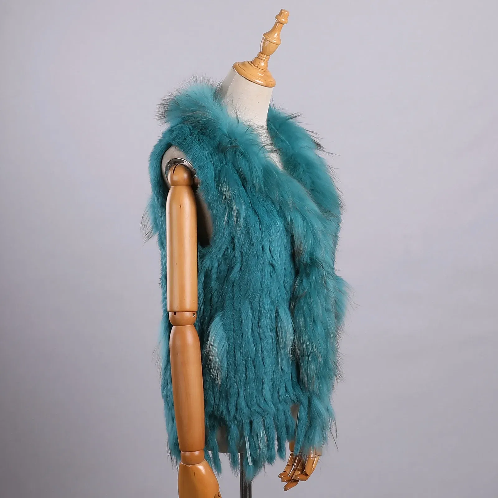 Color: Turquoise, Size: S - Luxury Women's Genuine Premium Long Hair Rabbit Fur Knit Vest Raccoon Fur Trim Gilet Lady Sleeveless Waistcoat Real Fur Jacket
