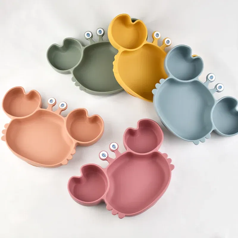 Color: GRAY, Ships From: CHINA - Baby Bowls Plates Fork spoon Set Silicone Suction Feeding Food Tableware BPA Free Non-Slip Baby Dishes Crab Food Feeding Bowl