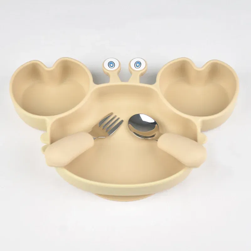 Color: GRAY, Ships From: CHINA - Baby Bowls Plates Fork spoon Set Silicone Suction Feeding Food Tableware BPA Free Non-Slip Baby Dishes Crab Food Feeding Bowl
