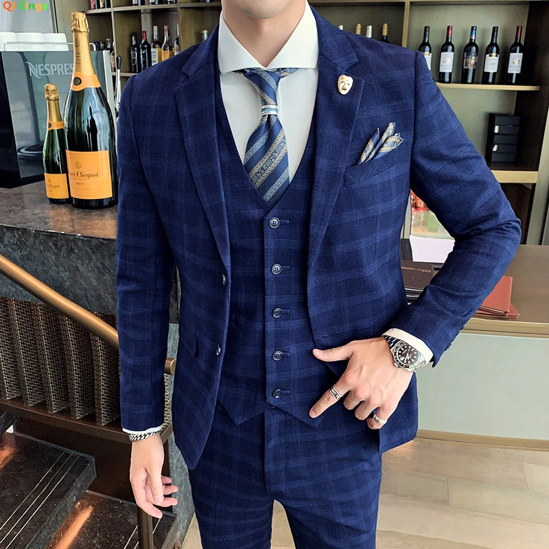 Color: army green, Size: S - Gray Men Classic Striped/Checked Suits, Business Office 3 Piece, Asian Size Slim Fit Men Dress Jacket & Pants with Vest, S-4XL