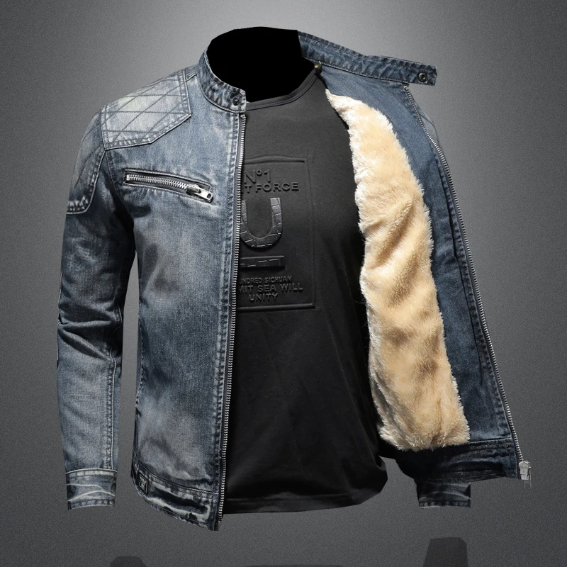 Men Fleece Thick Streetwear Denim Jackets Men Vintage Blue Bomber Jacket Male Outwear Plus Velvet Windbreaker Coats