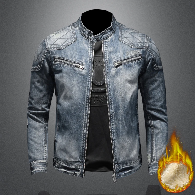 Men Fleece Thick Streetwear Denim Jackets Men Vintage Blue Bomber Jacket Male Outwear Plus Velvet Windbreaker Coats
