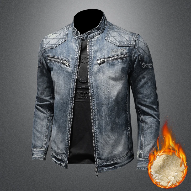 Men Fleece Thick Streetwear Denim Jackets Men Vintage Blue Bomber Jacket Male Outwear Plus Velvet Windbreaker Coats