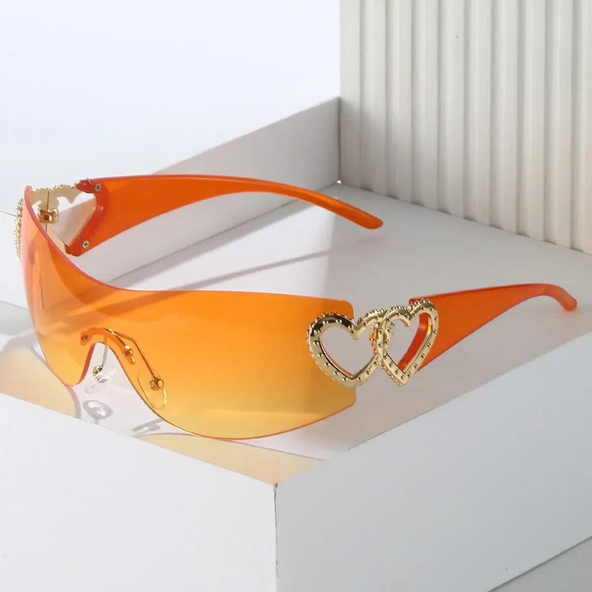 Frame Color: Gold, Lenses Color: PURPLE - Y2K Wrap Around Fashion Sunglasses For Women Men One-piece Gradient Lens Glasses Heart Design Hollow Temple Eyewear UV400
