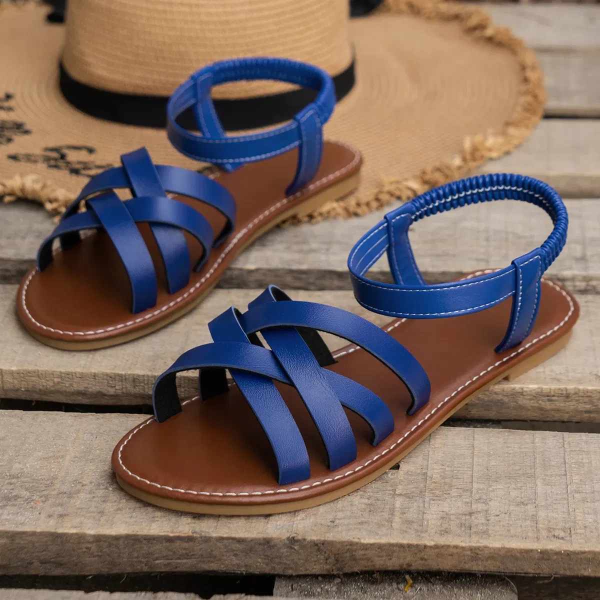 Color: WHITE, Shoe Size: 40 - Shoes for Women 2024 Summer New Women Flat Sandals Bottom Roman Strap Sandals with Non Slip Rubber Soles Ladies Daily Sandalia