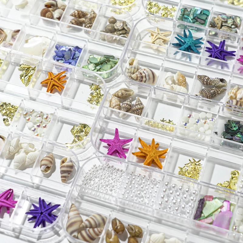 Color: Green - 2Box Summer Nail Art Rhinestones Ocean Charms Shell Starfish Conch Nail Studs Jewelry Sea Series Designs DIY Manicure Decoration