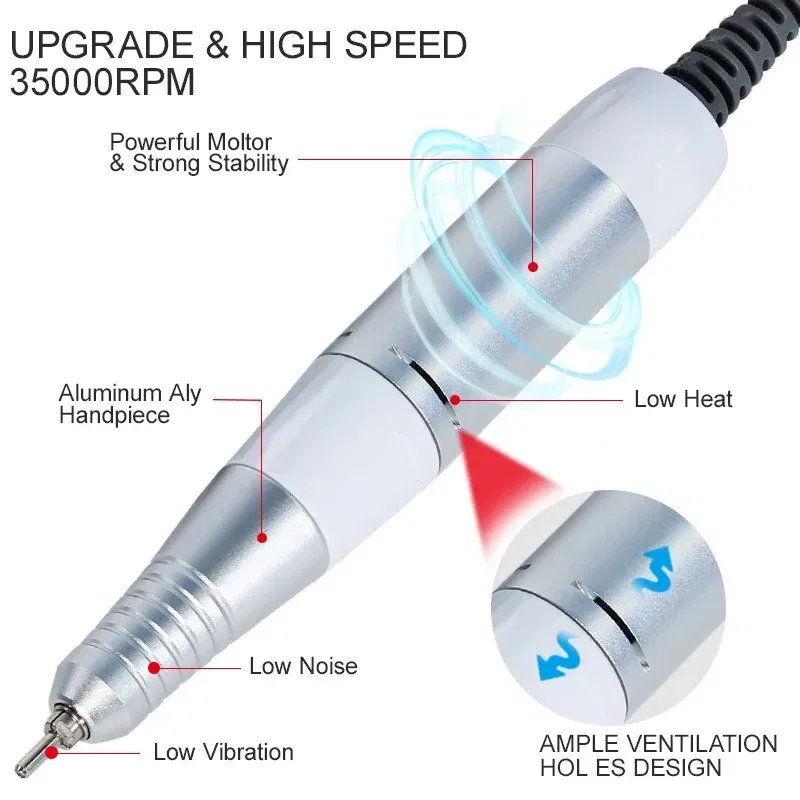 Color: Red - Electric Nail Drill Pen Handle File Polish Grind Machine Handpiece Manicure Pedicure Tool DC & 3 PIN PLUG Nail Drill Accessories