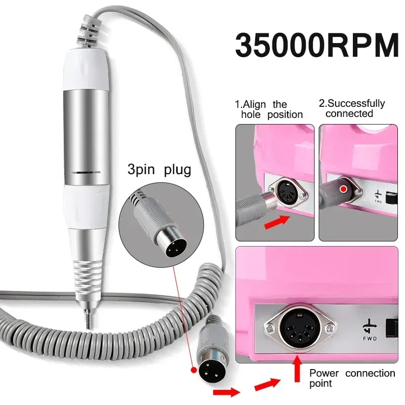 Color: Red - Electric Nail Drill Pen Handle File Polish Grind Machine Handpiece Manicure Pedicure Tool DC & 3 PIN PLUG Nail Drill Accessories