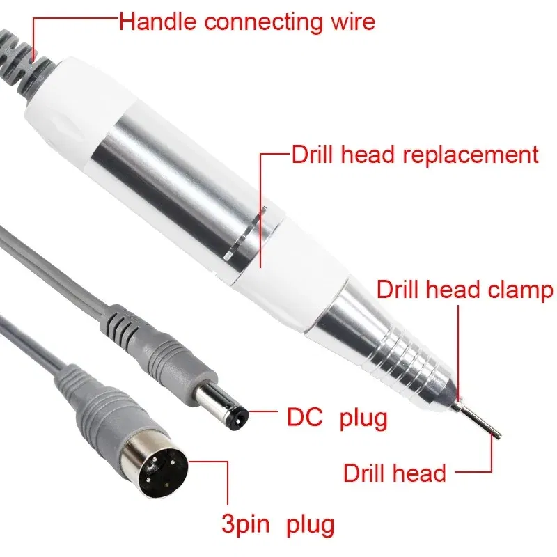 Color: Red - Electric Nail Drill Pen Handle File Polish Grind Machine Handpiece Manicure Pedicure Tool DC & 3 PIN PLUG Nail Drill Accessories