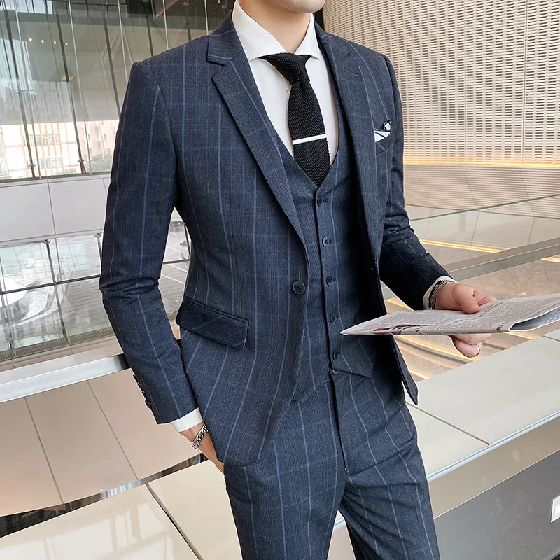 Color: Fuchsia, Size: M - Gray Men Classic Striped/Checked Suits, Business Office 3 Piece, Asian Size Slim Fit Men Dress Jacket & Pants with Vest, S-4XL
