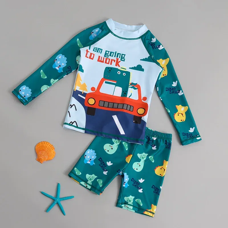 Color: GRAY, Kid Size: 24M - Children Swimsuit Kids Boys Girls Swimwear Children Surfing Wear Sunscreen Quick Dry Swimwear Car Cartoon Swimsuit Beach Wear