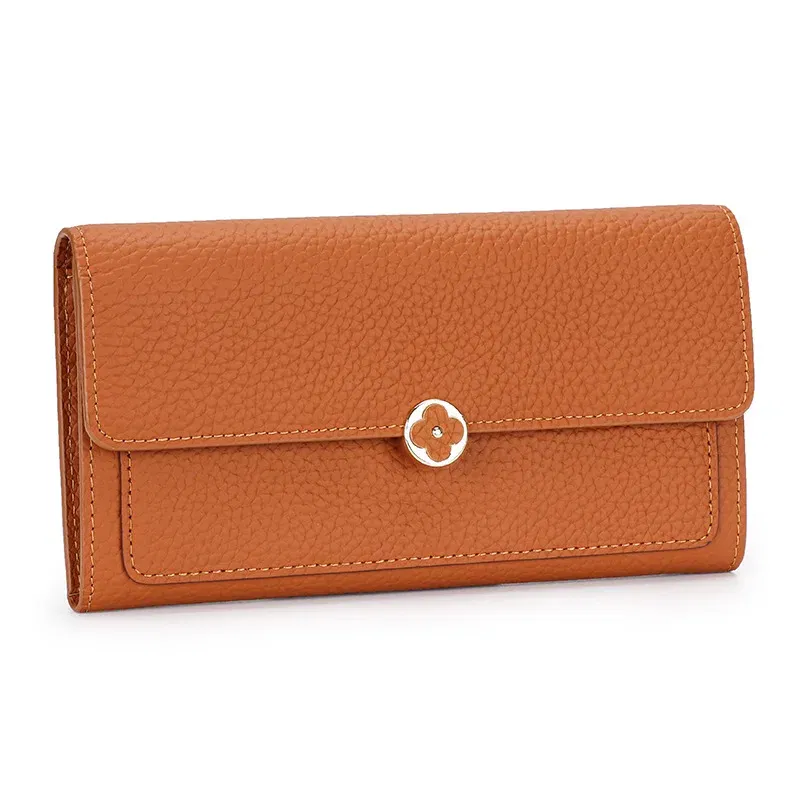 Color: Orange - Women's Wallet 2025 New Full Leather Long Wallet Cross-border First Layer Cowhide Women's Long Clip Leather Clutch Pouch