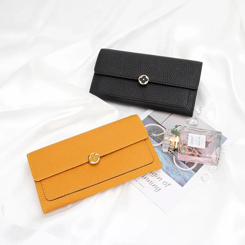 Color: Orange - Women's Wallet 2025 New Full Leather Long Wallet Cross-border First Layer Cowhide Women's Long Clip Leather Clutch Pouch