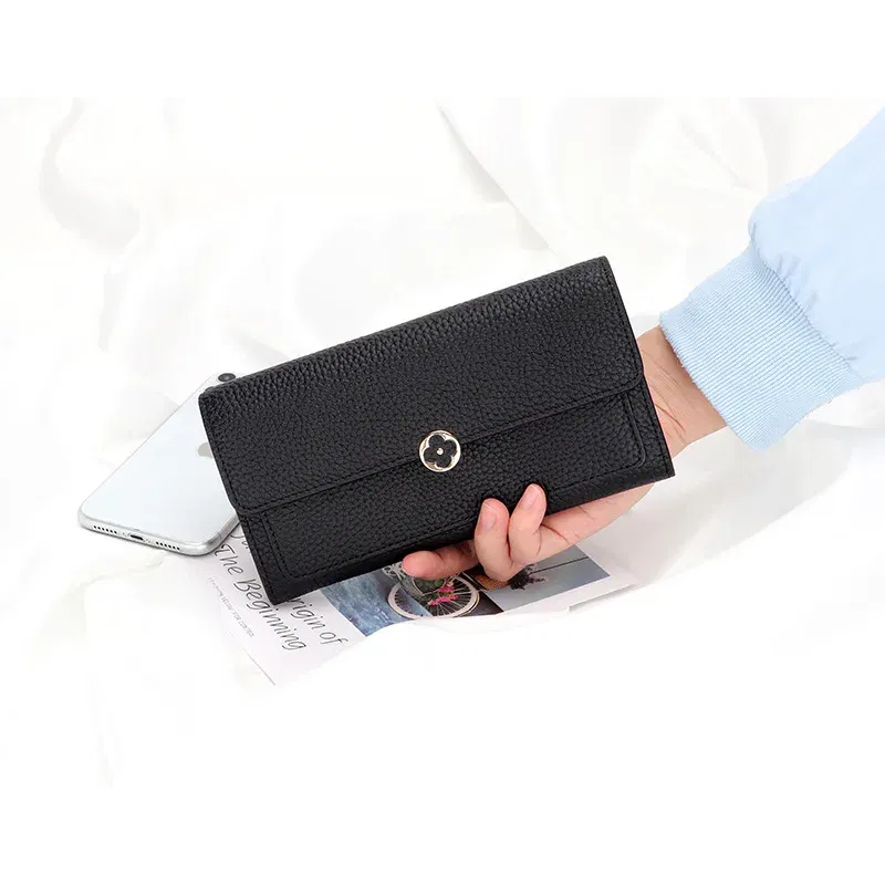 Color: Orange - Women's Wallet 2025 New Full Leather Long Wallet Cross-border First Layer Cowhide Women's Long Clip Leather Clutch Pouch